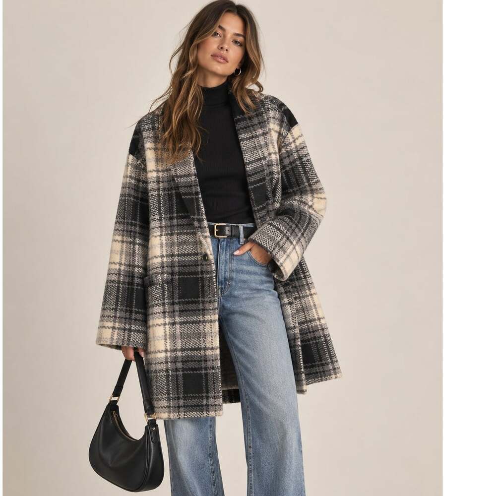 NWT Banana Republic Boucle Coat Black Plaid Large Gray Cream Wool Jacket Preppy